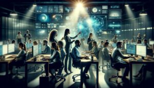 Grupo diverso de empleados de diferentes generaciones colaborando en un ambiente de trabajo híbrido, rodeados de pantallas digitales y herramientas modernas en un espacio contemporáneo.