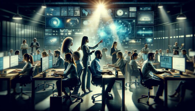 Grupo diverso de empleados de diferentes generaciones colaborando en un ambiente de trabajo híbrido, rodeados de pantallas digitales y herramientas modernas en un espacio contemporáneo.