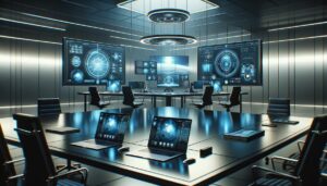 Configuración moderna de un espacio de trabajo digital que muestra monitores, laptops y gadgets tecnológicos en un entorno de trabajo remoto, con colores azul y plata que reflejan una atmósfera de alta tecnología.