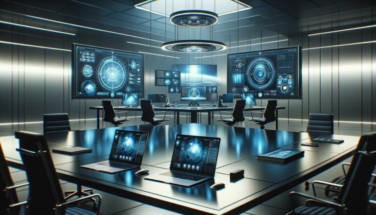 Configuración moderna de un espacio de trabajo digital que muestra monitores, laptops y gadgets tecnológicos en un entorno de trabajo remoto, con colores azul y plata que reflejan una atmósfera de alta tecnología.