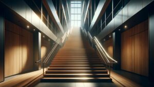 Escalera moderna y luminosa en un edificio de oficinas, destacando peldaños de madera y pasamanos de metal, simbolizando crecimiento y desarrollo.