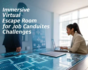 Sala de escape virtual moderna con puzzles digitales y elementos interactivos en un entorno de oficina, iluminado con luz suave y difusa.