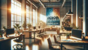 Espacio de trabajo colaborativo con un cartel de cultura de empresa vibrante, iluminado suavemente, mostrando tonos cálidos y azul. Escritorios de madera y sillas acogedoras, sin personas visibles, enfatizando un ambiente inclusivo.