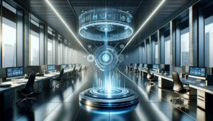 Interfaz holográfica de inteligencia artificial en evaluaciones de rendimiento en una oficina moderna, mostrando métricas de desempeño con colores azul y plata.