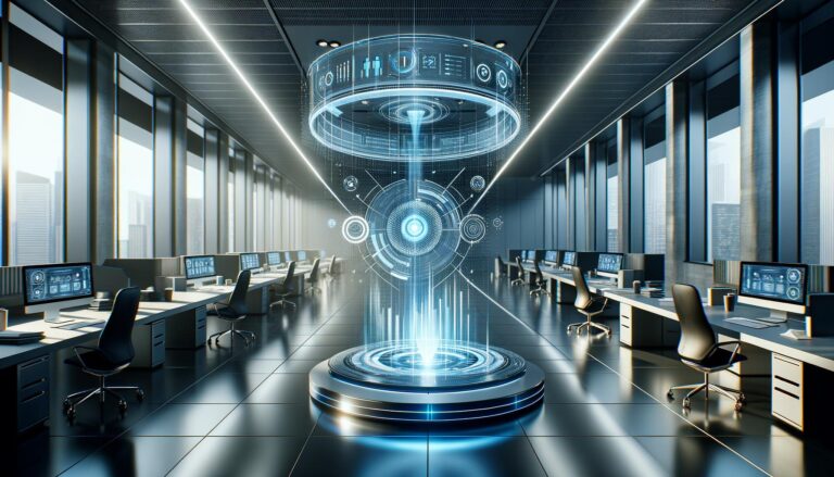 Interfaz holográfica de inteligencia artificial en evaluaciones de rendimiento en una oficina moderna, mostrando métricas de desempeño con colores azul y plata.