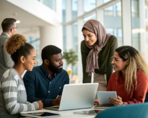 Grupo diverso de personas en una oficina moderna participando en una discusión colaborativa. La imagen destaca la diversidad y la inclusión, con un enfoque en la interacción y las expresiones en un entorno de trabajo contemporáneo iluminado por luz natural.