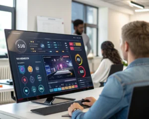 Tablero digital interactivo en un entorno de oficina de entrenamiento, mostrando elementos de juego como puntos y clasificaciones con un diseño moderno y vibrante.