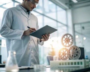 Investigador en bata de laboratorio sosteniendo un prototipo en un entorno de oficina, con iluminación suave que resalta la creatividad e innovación.