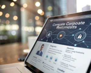 Página de reclutamiento corporativo en un dispositivo digital, con enfoque en un portal de carreras que muestra testimonios de empleados y aspectos de la cultura de la empresa, rodeado de símbolos de conectividad y con iluminación moderna.