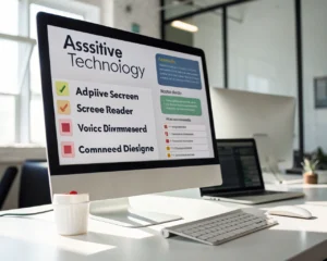 Pantalla de computadora que muestra software adaptativo para personas con discapacidades, en una oficina moderna y minimalista. Resalta características como una interfaz magnificada y un lector de pantalla.