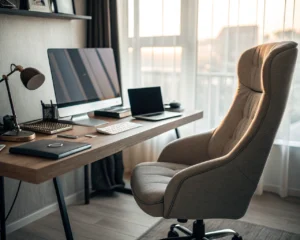 Espacio de trabajo ergonómico y ordenado con una silla cómoda y dispositivos digitales organizados, iluminado con luz suave.