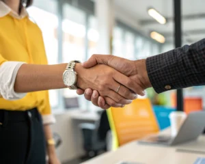 Apretón de manos entre un gerente y un empleado en un entorno de oficina, simbolizando respeto y profesionalismo.