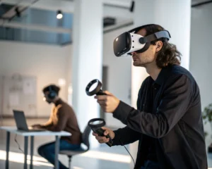 Simulador de realidad virtual moderno para entrenamiento en inteligencia emocional, con visor VR y controladores en un entorno de oficina minimalista.