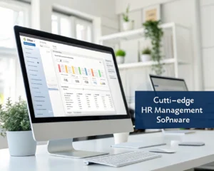 Espacio de trabajo moderno con un ordenador mostrando un software de gestión de recursos humanos. El ambiente es ordenado, con una iluminación natural que resalta un entorno propicio para el desarrollo profesional.