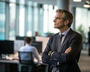 Un profesional en traje de negocios en una oficina moderna, iluminado con luz suave, retratado en un momento de reflexión en un entorno colaborativo.