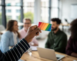 Mano de un empleador sosteniendo una tarjeta de referencia colorida en un ambiente de oficina desenfocado, representando un evento de networking inclusivo.