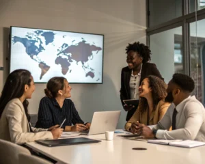 Equipos diversos de profesionales discutiendo alrededor de una mesa con un mapa mundial de fondo, simbolizando la colaboración multicultural.
