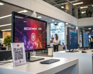Oficina moderna con plataformas de reclutamiento digital, pantallas coloridas y tecnología avanzada, destacando innovación sin personas identificables.