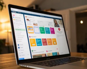 Pantalla de computadora enmarcada mostrando una interfaz colorida de un programa de incorporación virtual, con un fondo desenfocado y luz suave que resalta la calidez del proceso de integración.