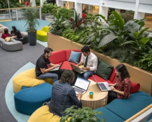 Grupo diverso de empleados en una oficina moderna, trabajando juntos de manera colaborativa en un ambiente vibrante y colorido.