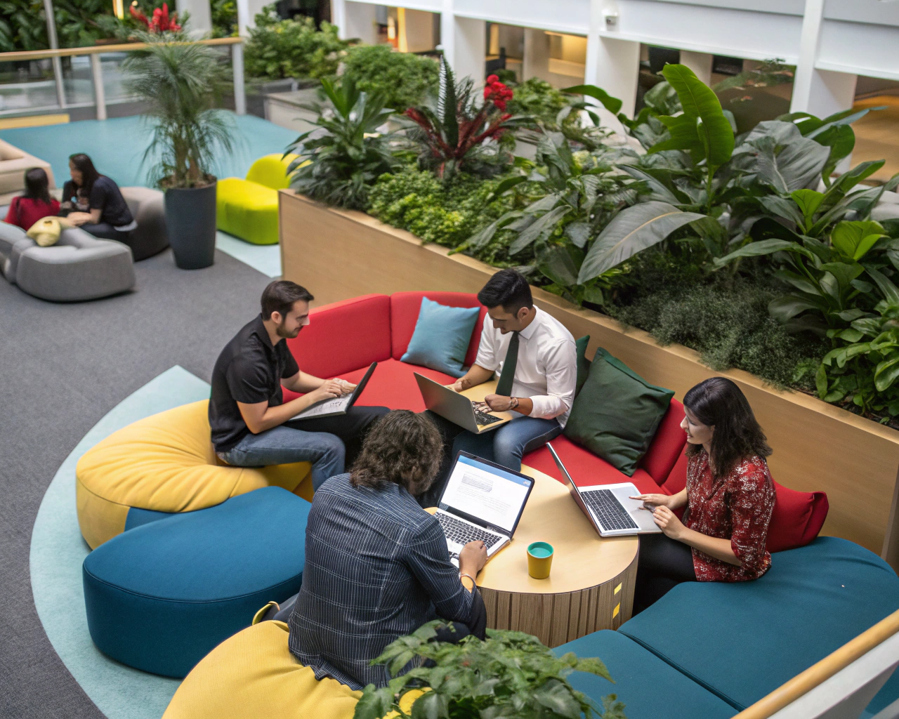 Grupo diverso de empleados en una oficina moderna, trabajando juntos de manera colaborativa en un ambiente vibrante y colorido.