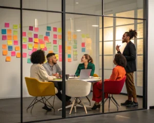 Grupo diverso de profesionales intercambiando ideas en una oficina moderna y minimalista, con un ambiente positivo y colaborativo en un entorno de vidrio.