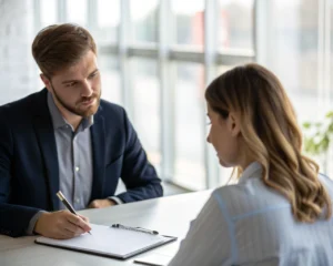 Reclutador escuchando a un candidato en una entrevista de trabajo. Oficina moderna con luz natural, bloc de notas y bolígrafo sobre la mesa. Composición amplia y equilibrada, enfatizando la conexión entre ambos.