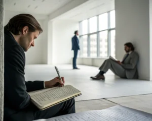 Líder empresarial en sesión de coaching en una oficina moderna y minimalista, con enfoque en un bloc de notas y un bolígrafo, simbolizando el aprendizaje.