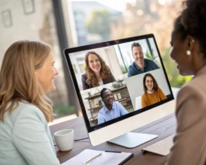 Grupo de profesionales diversos en un entorno de conferencia virtual, mostrando interacciones dinámicas a través de pantallas digitales.