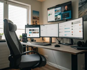 Oficina moderna y minimalista con varias pantallas mostrando herramientas de onboarding y una aplicación de comunicación, iluminada por luz natural.