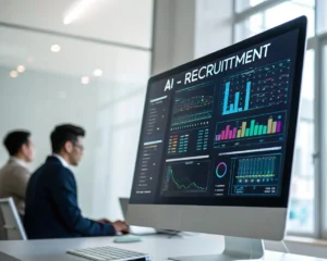 Interfaz de software de reclutamiento de IA en un monitor moderno, mostrando análisis de datos de candidatos en un entorno de oficina minimalista.
