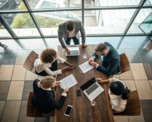 Grupo diverso de profesionales trabajando juntos en una mesa de conferencia en una oficina moderna, con laptops, documentos y tabletas. Luz natural brillante a través de grandes ventanas y un ambiente de colaboración enfocado.