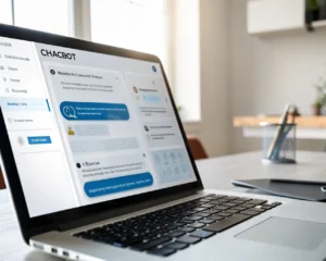 Interfaz de chatbot de inteligencia artificial en un ordenador moderno, enfocada en una conversación sobre onboarding, con un ambiente profesional de oficina y una iluminación suave.