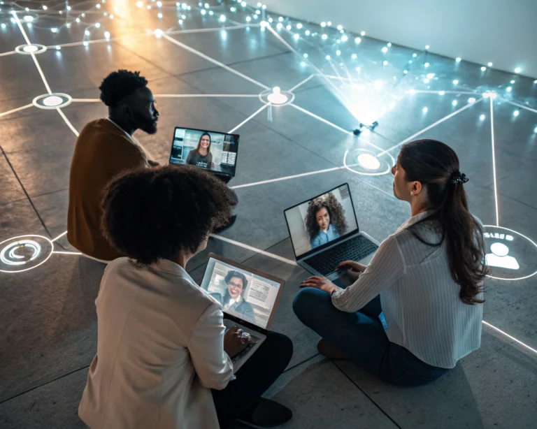 Un equipo diverso de trabajadores remotos en un entorno virtual, conectado por una red digital brillante que simboliza la colaboración.