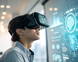 Visor de realidad virtual con patrones digitales, en un fondo de entornos virtuales difusos, representando la inteligencia artificial en la evaluación de habilidades.