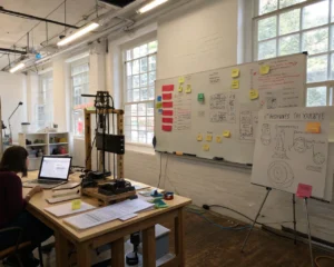 Espacio de trabajo dedicado a la innovación, con herramientas creativas como pizarra, notas adhesivas y prototipos en una mesa, iluminado por luz natural.