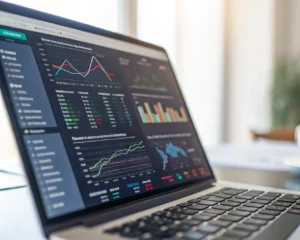 Pantalla de computadora mostrando un tablero de análisis de personas con gráficos coloridos, en un entorno de oficina desenfocado.