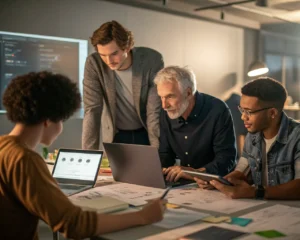 Grupo diverso de empleados colaborando en una oficina moderna con tecnología avanzada. Un joven presenta una exposición digital a un equipo competitivo que incluye un profesional mayor. La iluminación suave y la disposición creativa de la imagen destacan el trabajo en equipo y la innovación.