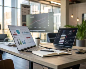 Espacio de trabajo moderno con un dispositivo digital que muestra métricas del clima emocional, escritorio ordenado y muebles contemporáneos, iluminado por luz natural.