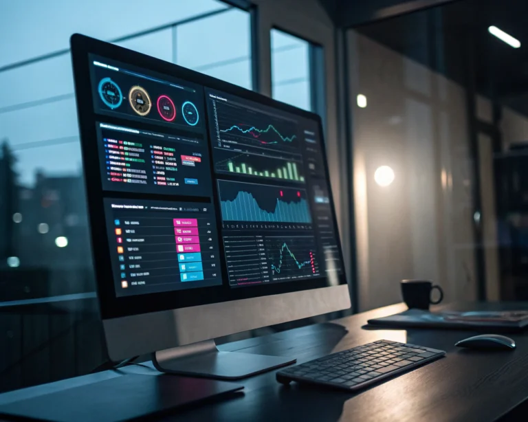 Interfaz de inteligencia artificial en pantalla de computadora, iluminada en colores brillantes en una moderna oficina oscura, con gráficos y datos en movimiento que sugieren eficiencia y automatización.