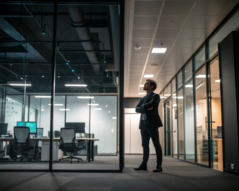 Empleado confiado en un moderno entorno de oficina, símbolo de intraemprendimiento, con muebles elegantes y espacios colaborativos, iluminación de fondo que enfatiza su determinación y potencial innovador.