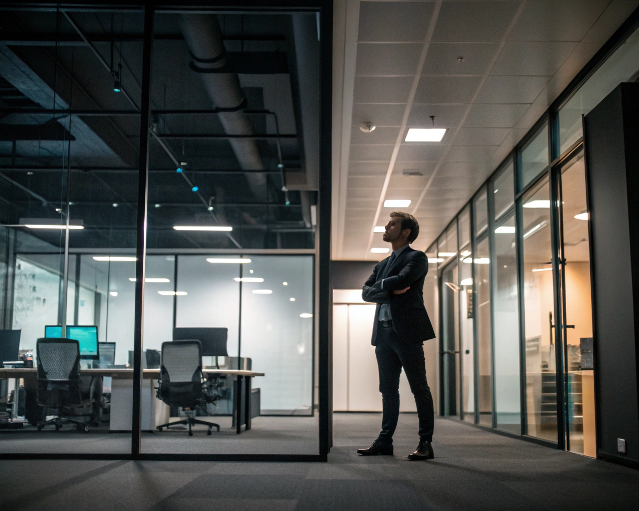 Empleado confiado en un moderno entorno de oficina, símbolo de intraemprendimiento, con muebles elegantes y espacios colaborativos, iluminación de fondo que enfatiza su determinación y potencial innovador.