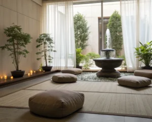 Espacio de meditación en oficina, con cojines suaves en el suelo y fuente de agua, iluminado por luz natural a través de cortinas. Ambiente sereno y equilibrado.