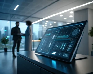 Interfaz de algoritmo de inteligencia artificial en un tablero digital futurista en una oficina moderna, con luz ambiental que ilumina la pantalla.