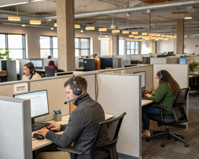 Oficina abierta con empleados neurodivergentes trabajando colaborativamente en estaciones de trabajo adaptadas, con auriculares y pantallas de privacidad, iluminada con luz suave y natural.
