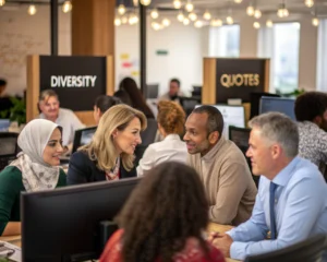 Un equipo diverso de profesionales en una reunión en una oficina moderna, con diferentes etnias y géneros, discutiendo de manera inclusiva, rodeados de un ambiente cálido y colaborativo.