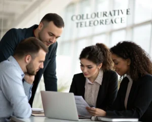 Equipo de trabajo en discusión en una oficina moderna, iluminada con luz suave, mostrando colaboración y diversidad en atuendos, con un enfoque en la alineación cultural organizacional.