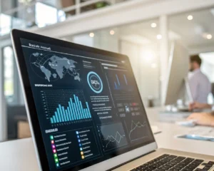 Interfaz de recursos humanos con insights de empleados en una pantalla de ordenador en una oficina moderna, con iluminación suave y un fondo desenfocado.