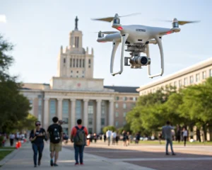 Dron moderno volando sobre un campus universitario, capturando imágenes, con la arquitectura de la universidad al fondo.