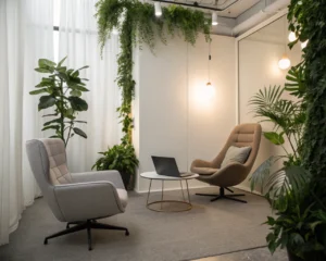 Espacio de oficina minimalista y sereno, con una silla acogedora y suave iluminación que fomenta la relajación y desconexión de la tecnología.